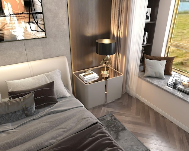 3D-Rendering Inspiration für die Innenarchitektur des modernen, gemütlichen Schlafzimmers