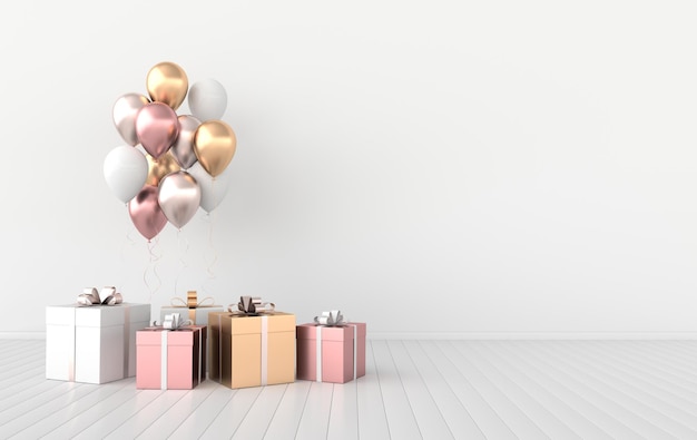 3D-Rendering-Interieur mit realistischen bunten und goldenen Luftballons und Geschenkbox mit Schleife im Raum