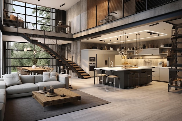 3d rendering interior casa moderna espaço de vida aberto com kitchenloft estilo apartamento duplex residen