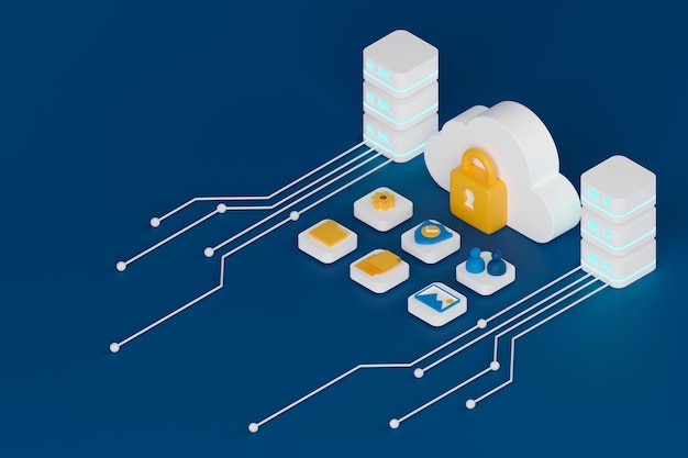 3D-Rendering isometrische Ansicht des Konzeptsicherheitssystems auf Cloud-Computing-Technologie