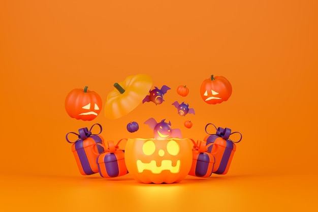 3D-Rendering Jack O Lantern mit Fledermaus und Geschenkboxen auf orangefarbenem Hintergrund