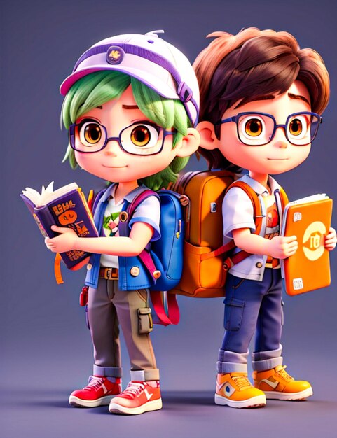 3D-Rendering Junge und Mädchen mit Rucksack