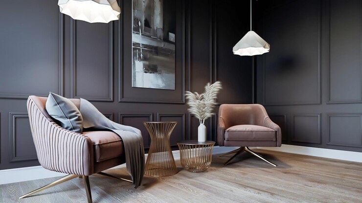 3d-rendering klassische architektur wohnzimmer innenraum dunkles konzeptdesign