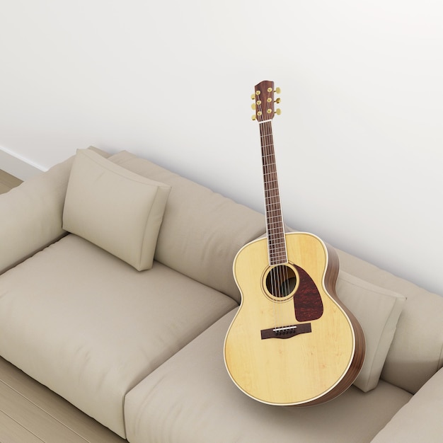 3D-Rendering Klassische Gitarre auf Sofa Klassische Gitarre in Living Ro