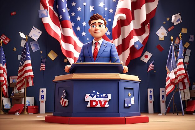 3D-Rendering-Konzept des Redepodiums zur Zwischenwahl in den USA. 3D-Rendering-Illustration im Cartoon-Stil