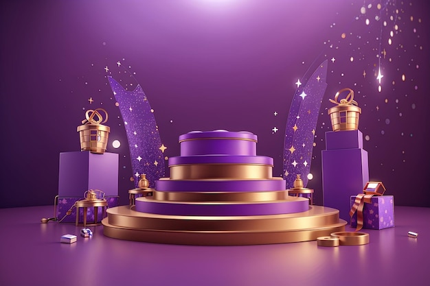 3D-Rendering-Konzept eines Podiums für die Produktpräsentation. Podium mit Geschenkboxen, glänzenden Sternen und einem glänzenden Ring auf violettem Hintergrund für kommerzielles Design. 3D-Rendering