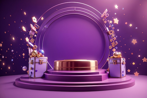 3D-Rendering-Konzept eines Podiums für die Produktpräsentation. Podium mit Geschenkboxen, glänzenden Sternen und einem glänzenden Ring auf violettem Hintergrund für kommerzielles Design. 3D-Rendering