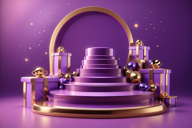 3D-Rendering-Konzept eines Podiums für die Produktpräsentation. Podium mit Geschenkboxen, glänzenden Sternen und einem glänzenden Ring auf violettem Hintergrund für kommerzielles Design. 3D-Rendering