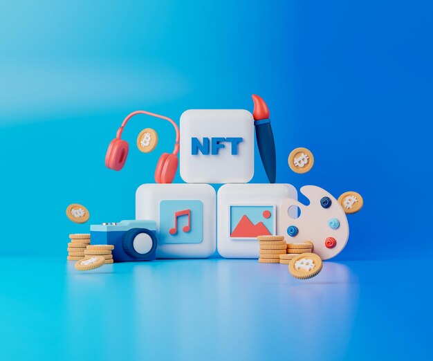 3D-Rendering-Konzept NFT oder nicht fungibler Token für Kunstwerke und Musik