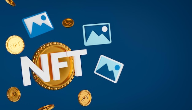 3D-Rendering-Konzept nft oder nicht fungibles Token mit Bildsymbolen und Gold-Kryptowährungsmünzen