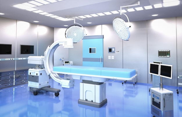 3D-Rendering Krankenhaus-Operationsraum mit CArm-Maschine und Operationsroboter