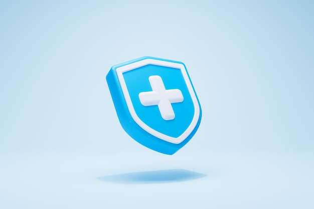 3D-Rendering Krankenversicherungskonzept. Medizinische Schutzschild Symbol blaue Farbperspektive