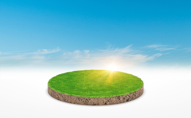 Foto 3d-rendering-kreis-podium der landwiese bodenquerschnitt mit grünem gras über blauem himmelshintergrund