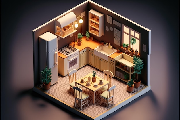 3D-Rendering-Küche mit isometrischem Innenraum des Esszimmers Generative KI-Illustrationen