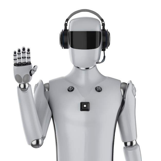 3D-Rendering Künstliche Intelligenz Cyborg oder Roboter mit Headset Hand nach oben isoliert auf weiß