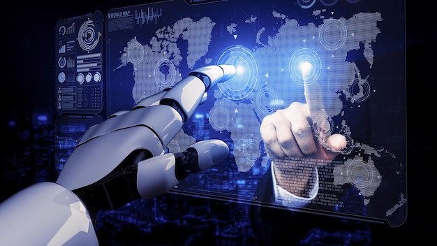 3D-Rendering künstliche Intelligenz KI-Forschung von Roboter und Cyborg-Entwicklung für die Zukunft der lebenden Menschen Digitales Data-Mining und maschinelles Lernen Technologie-Design für Computergehirn