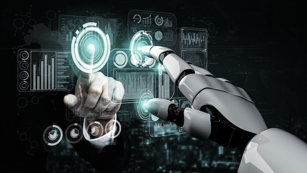 3D-Rendering künstliche Intelligenz KI-Forschung von Roboter und Cyborg-Entwicklung für die Zukunft der lebenden Menschen Digitales Data-Mining und maschinelles Lernen Technologie-Design für Computergehirn