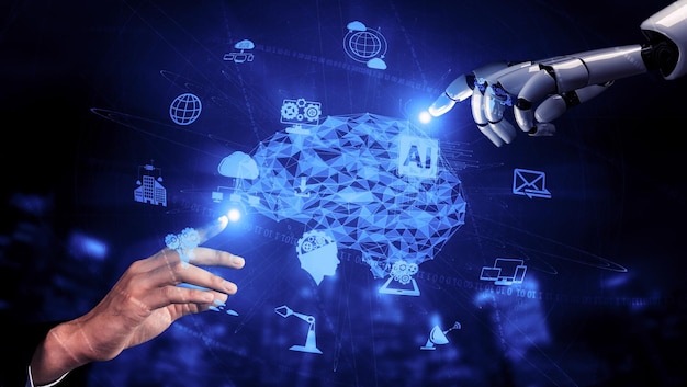3D-Rendering künstlicher Intelligenz KI-Forschung zur Roboter- und Cyborg-Entwicklung für die Zukunft der lebenden Menschen Digitales Data-Mining und maschinelles Lerntechnologiedesign für das Computergehirn
