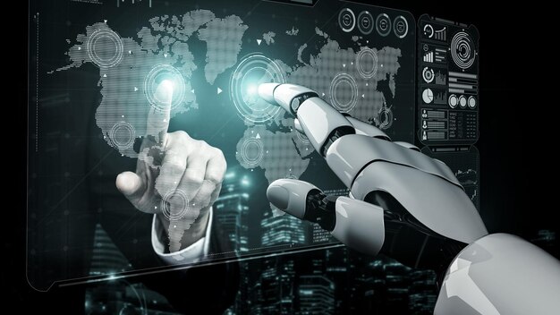 3D-Rendering künstlicher Intelligenz KI-Forschung zur Roboter- und Cyborg-Entwicklung für die Zukunft der lebenden Menschen Digitales Data-Mining und maschinelles Lerntechnologiedesign für das Computergehirn