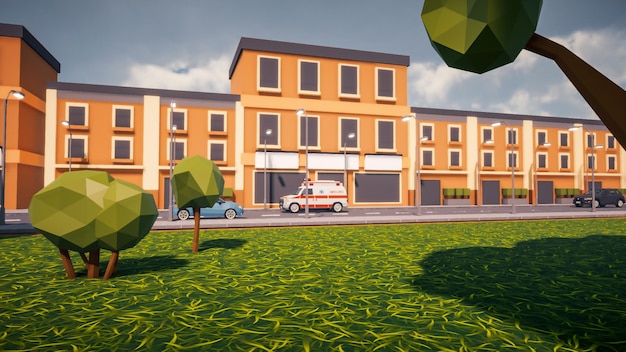 3D-Rendering Landschaft der Altstadtstraße erstellt mit Computer Low Poly