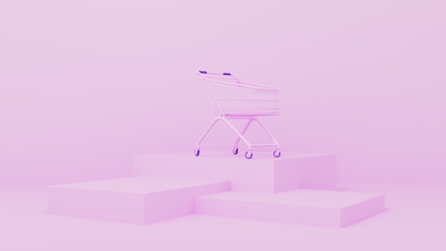 3D-Rendering. Lebensmittelgeschäft rosa Wagen auf einer rosa Wand. Beschaffungskonzept