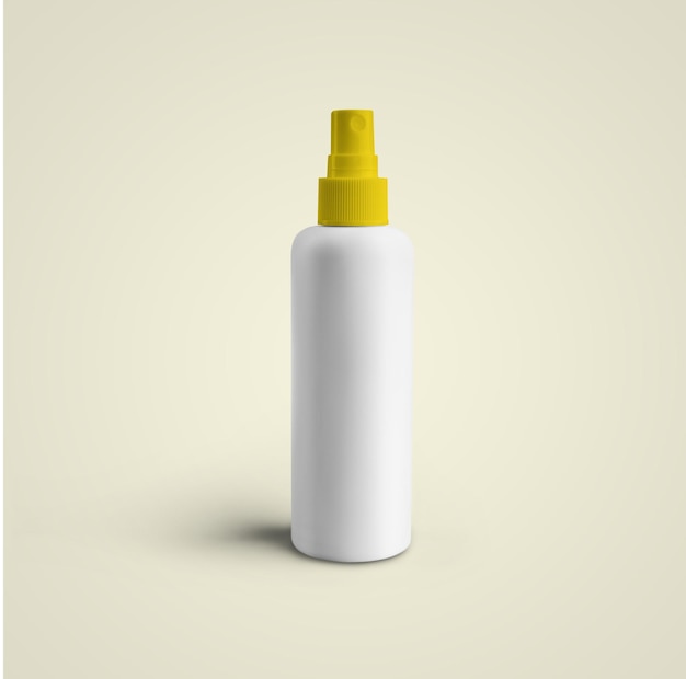 3D-Rendering leere weiße kosmetische Kunststoff-Sprayflasche mit gelber Kappe isoliert auf grauem Hintergrund passt zu Ihrem Mockup-Design
