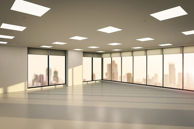 3D-Rendering leerer Büroräume mit Glasfenstern