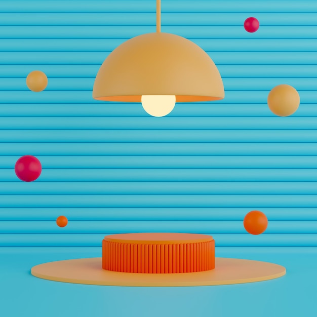 3D-Rendering leeres orangefarbenes Zylinderpodest auf hellblauem Hintergrund mit gelber Lampe