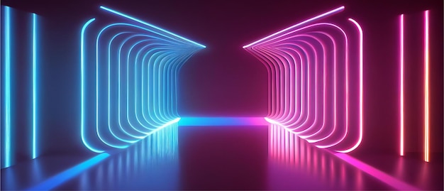 3D-Rendering leuchtende Linien Tunnel Lasershow Neonlichter virtuelle Realität abstrakter Hintergrund quadratischer Portalbogen rosa blaues Spektrum lebendige Farben Ai generativ