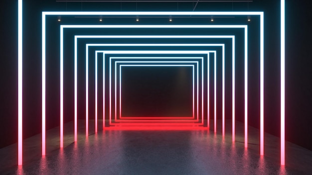3D-Rendering Leuchtende Neonbeleuchtung auf Bodenreflexion für zukünftige Premium-Produkte oder -Technologien