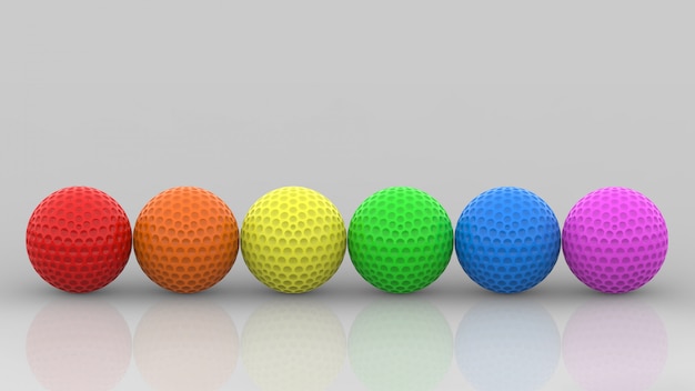 3D-Rendering. LGBT Regenbogen Farbe Golfbälle Reihe auf grauer Wand.