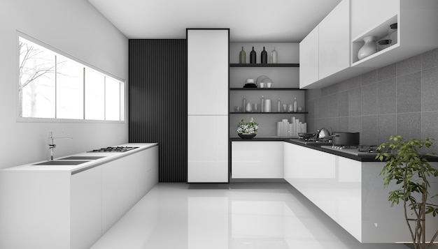 3D rendering loft blanco estilo de cocina moderna