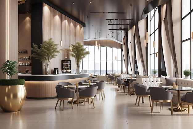 3D-Rendering-Loft und Luxushotelrezeption und Café-Lounge-Restaurant