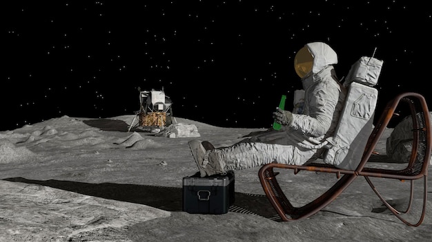 Foto 3d-rendering lunar astronaut trinkt bier sitzt in einem bequemen strandstuhl auf der mondoberfläche und genießt den blick auf die erde cg-animation elemente dieses bildes von der nasa