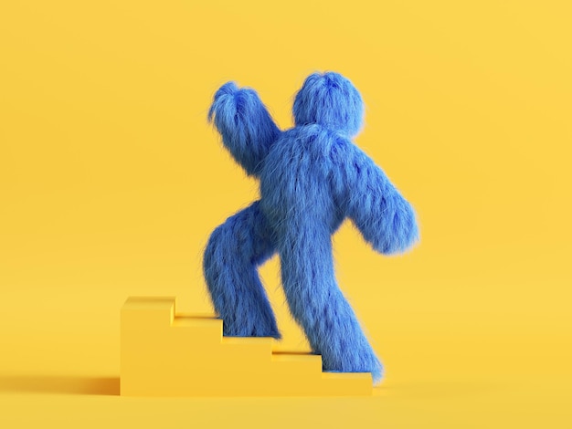 Foto 3d-rendering lustig yeti zeichentrickfigur geht nach oben