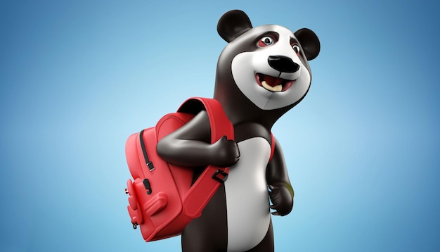 3D-Rendering Lustige Zeichentrickfigur mit Panda, der eine Schultasche trägt