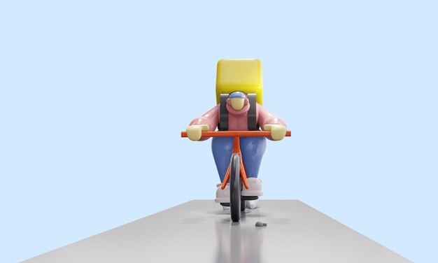 Foto 3d-rendering lustiger, fröhlicher charakterlieferant mit einer großen tasche auf dem rücken fährt mit dem fahrrad im cartoon-stil