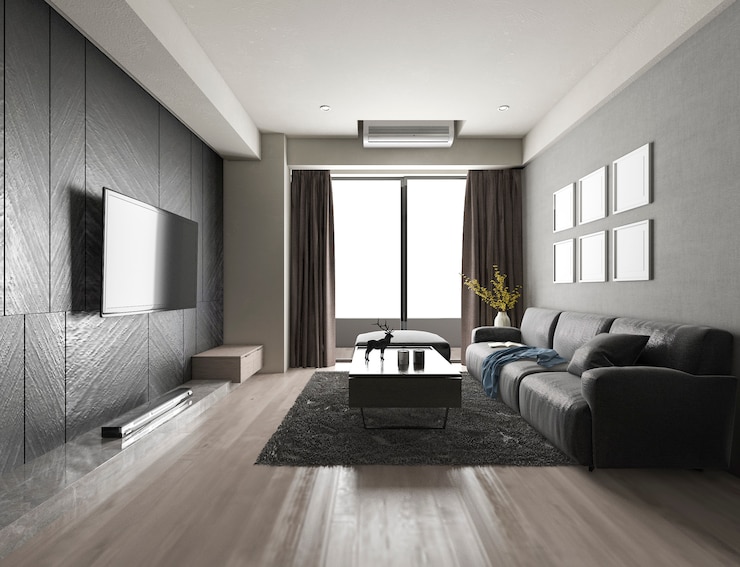 Foto 3d rendering luxo e moderna sala de estar com sofá de tecido