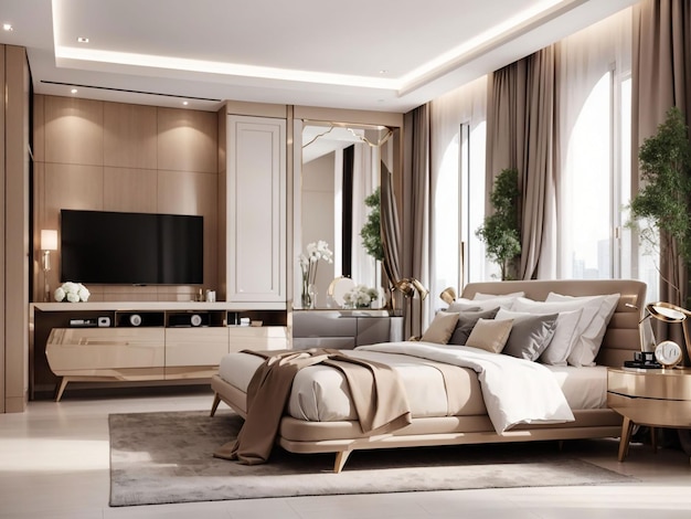 3D-Rendering luxuriöse moderne Schlafzimmer-Suite in einem Hotel mit TV und Schrank