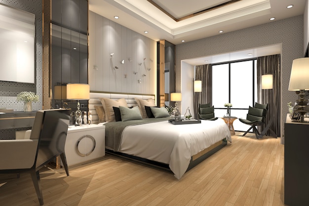 3D-Rendering luxuriöser moderner Schlafzimmer-Suite im Hotel