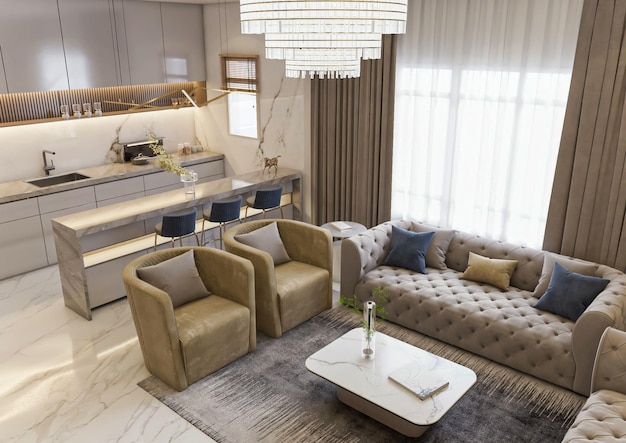 3D-Rendering luxuriöses neoklassizistisches Wohnen und offene Küche