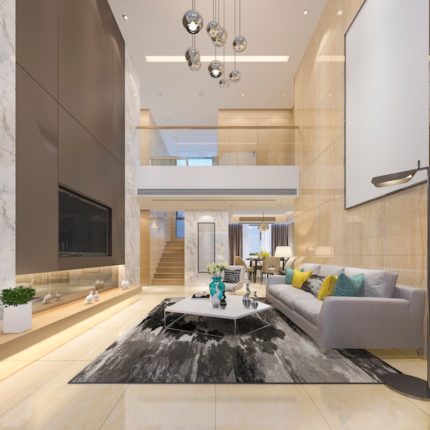 3D-Rendering Luxus modernen doppelten Wohnboden mit Esszimmer