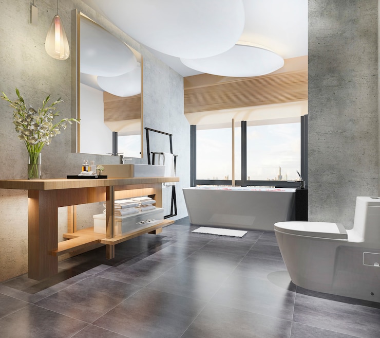 Foto 3d-rendering luxus modernes design badezimmer und toilette
