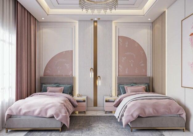 3D-Rendering Luxus neoklassische Mädchen rosa Schlafzimmer Interieur