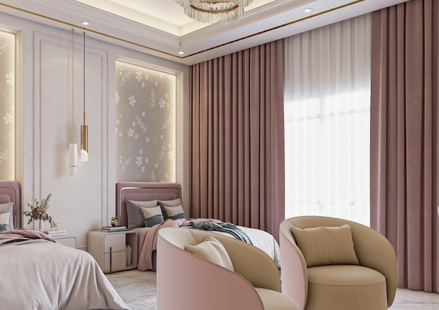 3D-Rendering Luxus neoklassische Mädchen rosa Schlafzimmer Interieur