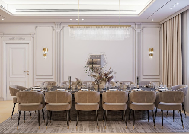 3D-Rendering Luxus neoklassizistisches Esszimmer Interieur