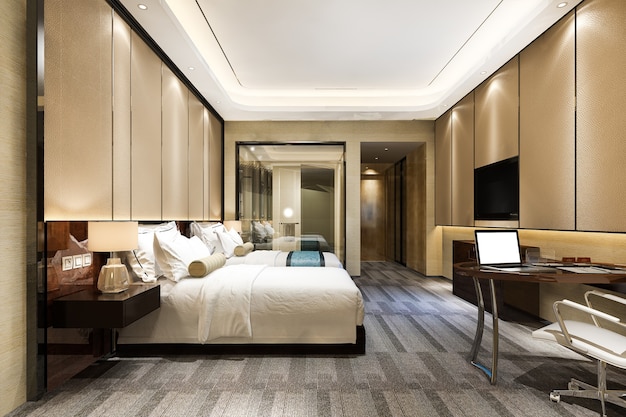 3D-Rendering Luxus-Schlafzimmer-Suite im Resort-Hotel mit Doppelbett und Badezimmer