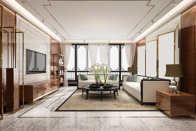 3D-Rendering Luxus und modernes Wohnzimmer mit chinesischem Stil Dekor