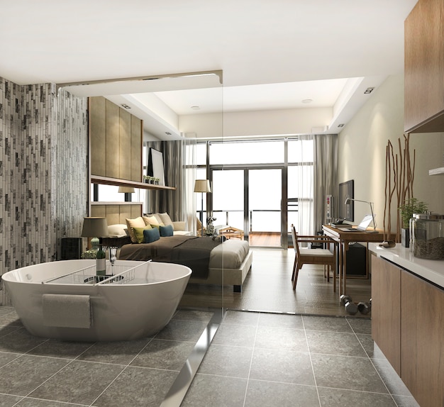 3D-Rendering Luxussuite Hotelzimmer mit Badewanne und Theke