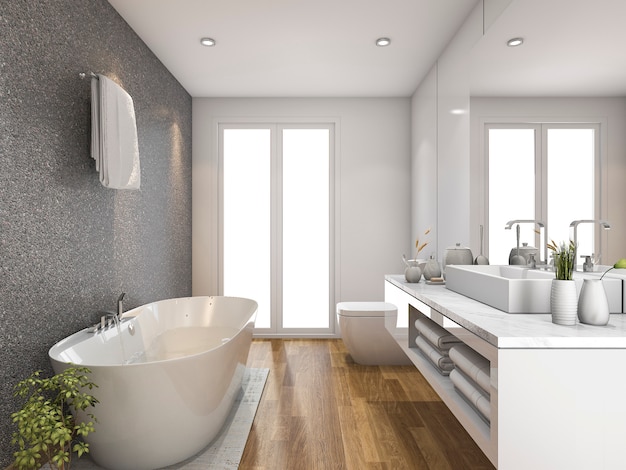 3D rendering madera baño y aseo con luz natural desde la ventana